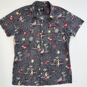 Vintage Lost at Sea Hawaiian Tropical Print Hula Girls Pineapple Size Large